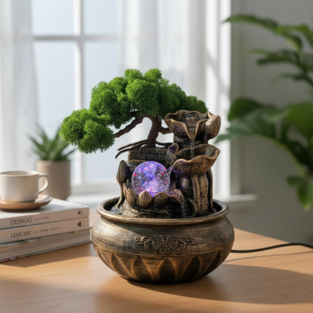 Fantana arteziana decorativa cu bonsai licheni naturali si lumini LED – fantana zen cu apa curgatoare pentru casa, birou sau cadou elegant [2]