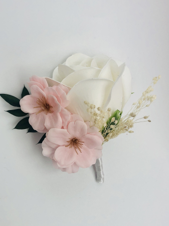 Floare de piept personalizabila, Cocarda, Eventissimi, Trandafir Alb si 2 Flori de cires Roz [4]
