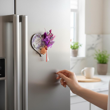 Martisor inima personalizabila, cu mini vaza, flori mov naturale uscate si prindere tip magnet [1]