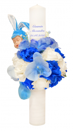 Lumanari botez - Lumanare botez, 40 cm, baietel, Eventissimi, cu flori si somnoros, alb / albastru