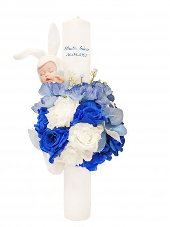 Lumanare botez, 40 cm, baietel, Eventissimi, cu flori si somnoros, albastru / alb [0]