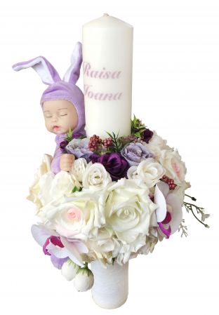 Lumanare botez, 40 cm, fetita, Eventissimi, cu flori si somnoros, alb / mov [0]
