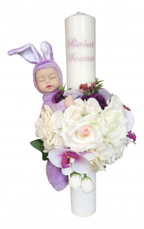 Lumanare botez, 40 cm, fetita, Eventissimi, cu flori si somnoros, alb / mov [2]