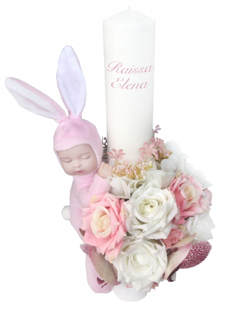 Lumanare botez, 40 cm, fetita, Eventissimi, cu flori si somnoros, alb / roz [0]