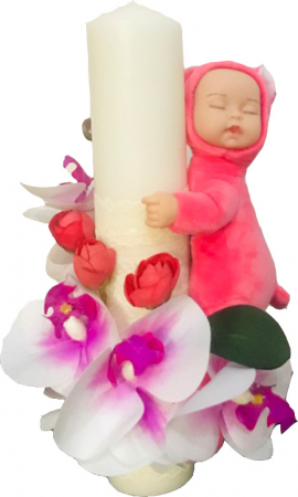 Lumanari botez - Lumanare Botez EVENTISSIMI - Orhidee si Somnoros, 30 cm, Alb/Roz