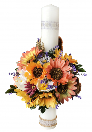 Lumanare de Botez Personalizata, EVENTISSIMI - Flori si Ursulet, 40 cm, Portocaliu [1]