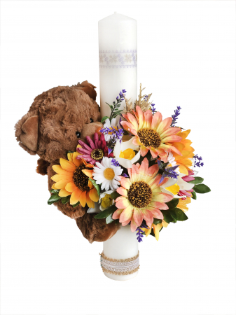 Lumanare de Botez Personalizata, EVENTISSIMI - Flori si Ursulet, 40 cm, Portocaliu [0]