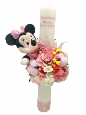 Lumanari botez - Lumanare Minnie pentru botez fetita, 40 cm, cu flori din matase, real touch si naturale (personalizabila cromatic si cu text)