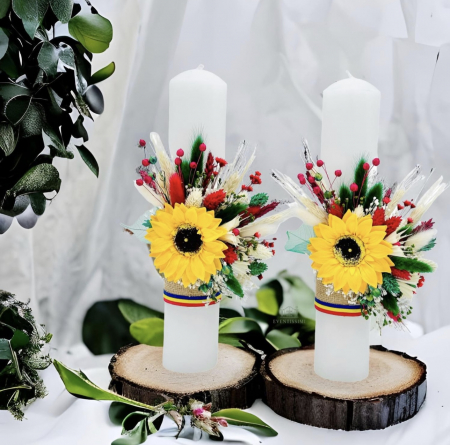 Set lumanari nunta sau botez traditionale cu plante uscate si floarea soarelui din foita de sapun (Multicolor) [1]