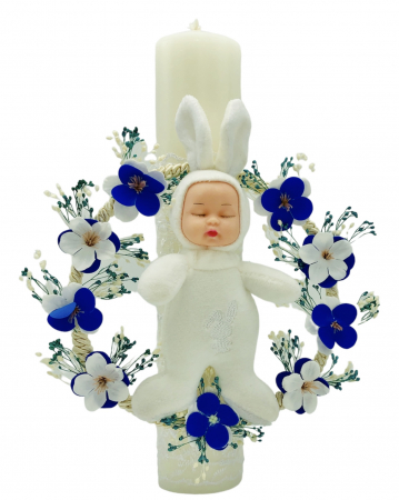 Lumanari cu personaje din plus - Lumanare pentru botez, 30 cm, cu flori de cires din sapun, flori naturale uscate si iepuras somnoros (personalizabila cromatic si cu text)