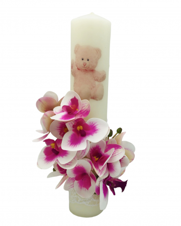 Lumanari botez - Lumanare pentru botez, 30 cm, cu flori real touch si imprimeu cu ursulet roz (personalizabila cromatic)