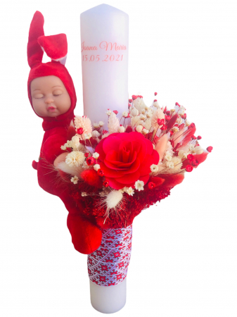 Lumanari botez - Lumanare pentru botez, 40 cm, cu flori naturale uscate si iepuras somnoros (personalizabila cromatic si cu text)