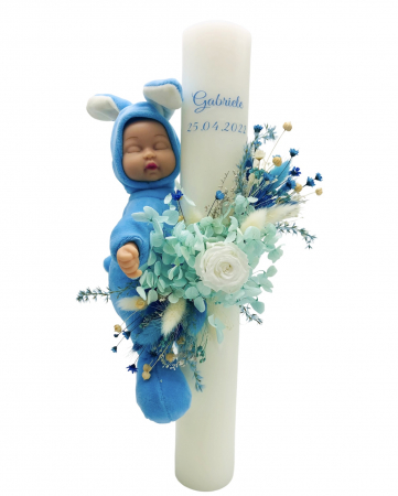 Lumanari cununie - Lumanare pentru botez, 40 cm, cu trandafir criogenat, hortensii criogenate, flori naturale uscate si iepuras somnoros (personalizabila cromatic si cu text)