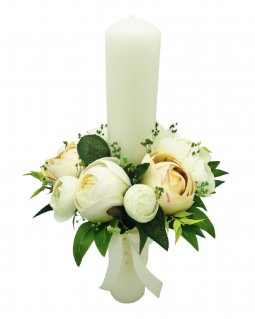 Lumanari cununie - Lumanare pentru cununie / botez, 40 cm, cu flori din matase, floarea miresei criogenata si frunze real touch (personalizabila cromatic si cu text)