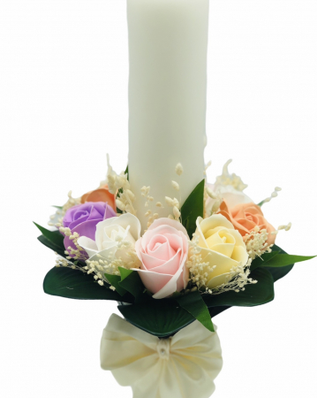 Lumanare pentru Nunta sau Botez, Personalizabila cu nume si data, 9 trandafiri sapun, floarea miresei uscata si frunze real touch, Eventissimi, 40 cm, Multicolor [2]