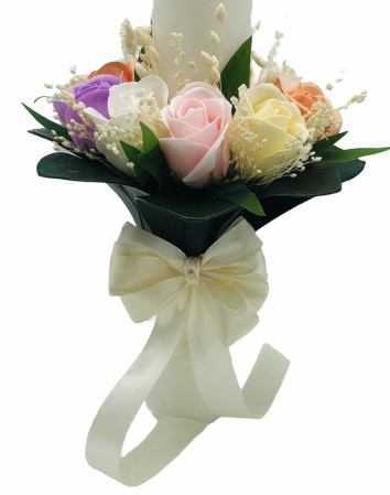 Lumanare pentru Nunta sau Botez, Personalizabila cu nume si data, 9 trandafiri sapun, floarea miresei uscata si frunze real touch, Eventissimi, 40 cm, Multicolor [1]