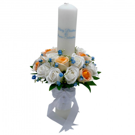 Lumanari cu aranjament floral - Lumanare pentru Nunta sau Botez, Personalizabila cu nume si data, trandafiri sapun si frunze real touch, Eventissimi, 40 cm, Multicolor