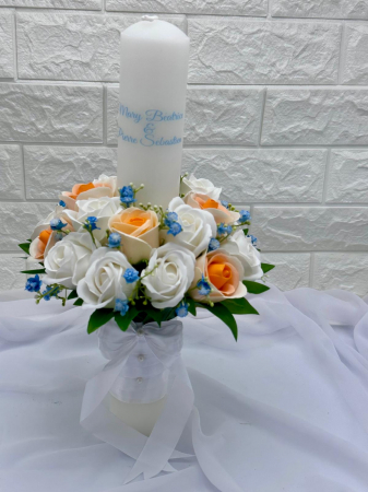 Lumanare pentru Nunta sau Botez, Personalizabila cu nume si data, trandafiri sapun si frunze real touch, Eventissimi, 40 cm, Multicolor [2]