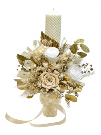 Lumanari cununie - Lumanare tip fagure,cu aranjament floral alb-auriu, pentru cununie / botez, 42 cm, cu flori criogenate si plante uscate (personalizabila cromatic si cu text)