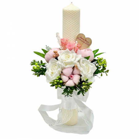 Lumanari cununie - Lumanare  tip fagure pentru cununie / botez, 40 cm, cu flori din matase, bumbac si plante naturale uscate (personalizabila cromatic si cu text)