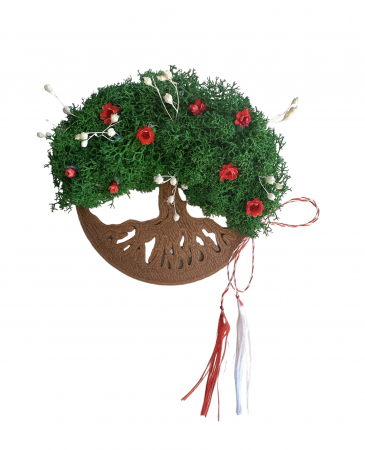 Pomisori cu licheni - Magnet de frigider pomul vietii cu licheni si flori naturale uscate (Verde / Bronz)