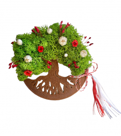 Pomisori cu licheni - Magnet de frigider pomul vietii cu licheni si flori naturale uscate (Verde deschis / Bronz)