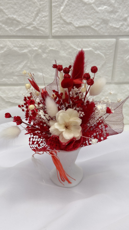 Marturie / Martisor tip magnet de frigider cu floare de cires si plante naturale uscate - Rosu / Alb [2]