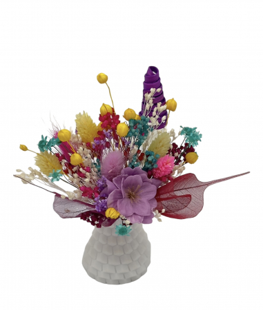 Marturii - Marturie / Martisor tip magnet de frigider cu floare de cires si plante naturale uscate - Multicolor / Alb