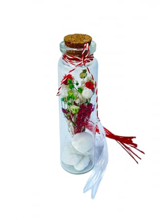 Marturii - Martisor sticluta cu flori uscate (Alb / Rosu)