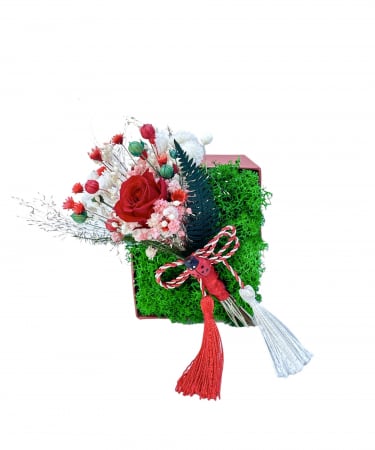 Marturii - Mini aranjament floral in cutie cu flori criogenate si licheni (Rosu)