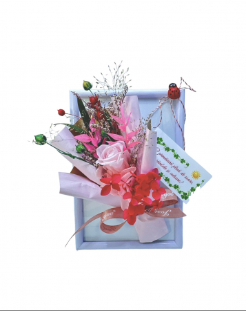 Marturii - Mini aranjament floral in rama cu flori criogenate (Roz)
