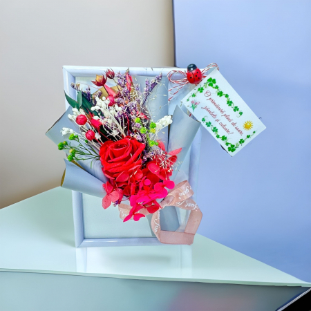 Mini aranjament floral in rama cu flori criogenate (Rosu) [2]