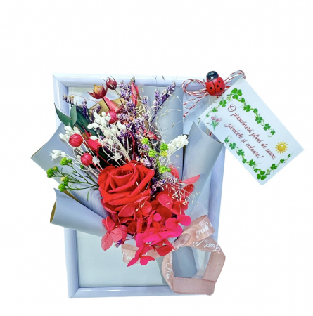 Marturii - Mini aranjament floral in rama cu flori criogenate (Rosu)