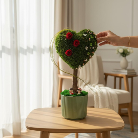 Pom decorativ in forma de inima cu muschi stabilizat si trandafiri criogenati, 50 cm [1]