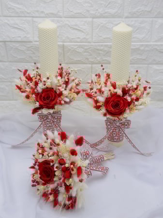 Lumanari cununie - Set nunta cu buchet si lumanari