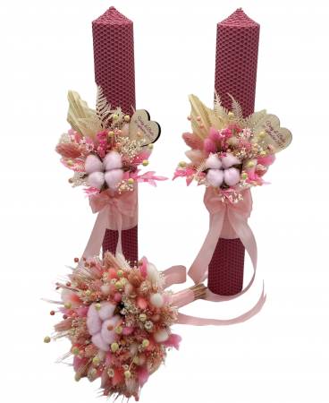 Lumanari tip fagure colorate - Set buchet si lumanari cu flori de bumbac si plante naturale uscate, lumanari tip fagure - Roz