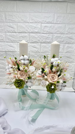 Set buchet, lumanari cu trandafiri criogenati si plante naturale criogenate, lumanari tip fagure Peach Fuzz / Multicolor [2]
