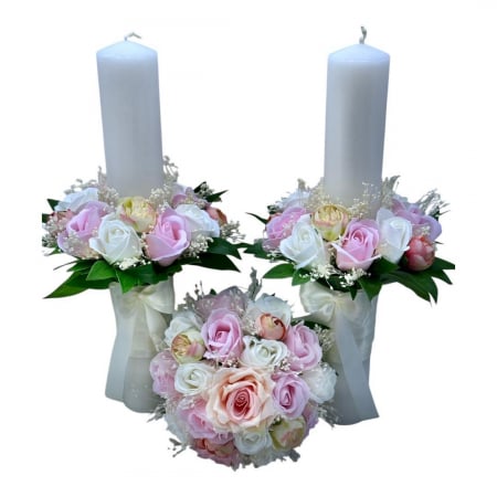 Lumanari cununie - Set buchet si lumanari cu trandafiri din foita parfumata de sapun si floarea miresei naturale uscata - Alb / Roz
