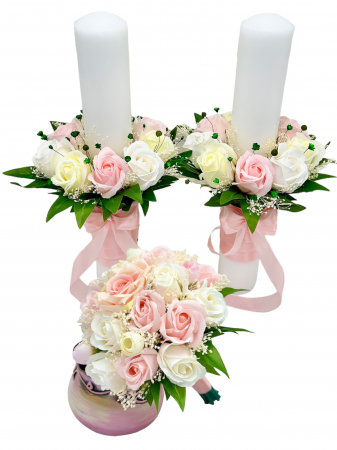 Lumanari cu flori de sapun - Set buchet si lumanari cu trandafiri din foita parfumata de sapun si floarea miresei naturale uscata - Alb / Roz / Crem