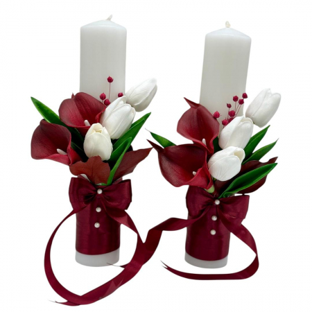 Lumanari cununie - Set de lumanari din parafina  pentru nunta cu cale , lalele real touch si plante naturale uscate