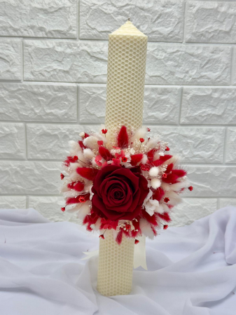 Set lumanari fagure, personalizabile, alb-rosu, pentru nunta cu aranjament frontal, trandafir criogenat si plante naturale uscate, 40 cm [2]