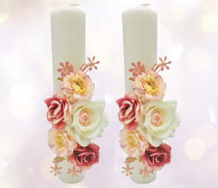 Set Lumanari nunta / botez, 30 cm, Eventissimi, alb / roz, trandafiri matase [1]