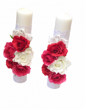 Lumanari cununie - Set Lumanari nunta / botez, 30 cm, Eventissimi, alb / rosu, trandafiri matase
