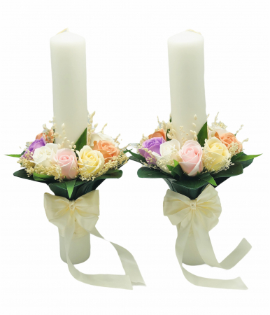 Lumanari cununie - Set Lumanari nunta / botez, 40 cm, multicolor, trandafiri din sapun
