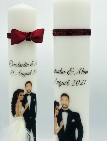 Set lumanari nunta, personalizabile cu nume si data, decorate cu puf, catifea si silueta mire si mireasa multicolor [2]
