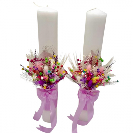 Lumanari cununie - Set Lumanari pentru Nunta , Personalizabile cu nume si data, Plante Uscate , Eventissimi, 40 cm, Multicolor, Aranjament Frontal
