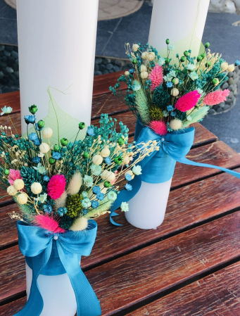 Set Lumanari pentru Nunta sau Botez, Personalizabile cu nume si data, Plante Uscate pe Frunza Fosilizata,  Aranjament Frontal, Eventissimi, 40 cm, Multicolor [4]