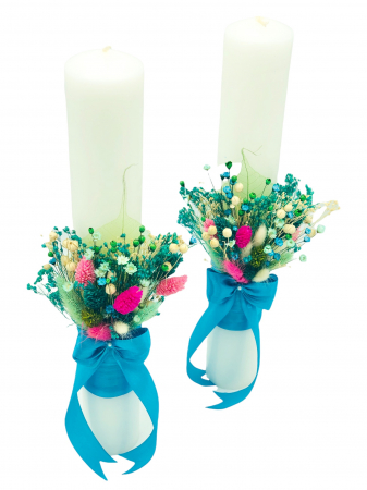 Lumanari cununie - Set Lumanari pentru Nunta sau Botez, Personalizabile cu nume si data, Plante Uscate pe Frunza Fosilizata,  Aranjament Frontal, Eventissimi, 40 cm, Multicolor