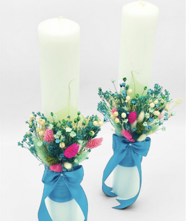 Set Lumanari pentru Nunta sau Botez, Personalizabile cu nume si data, Plante Uscate pe Frunza Fosilizata,  Aranjament Frontal, Eventissimi, 40 cm, Multicolor [2]