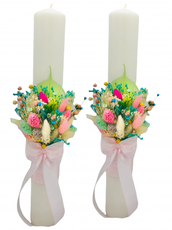 Lumanari cununie - Set Lumanari pentru Nunta sau Botez, Personalizabile cu nume si data, Plante Uscate pe Frunza Fosilizata, Eventissimi, 40 cm, Multicolor, Aranjament Frontal